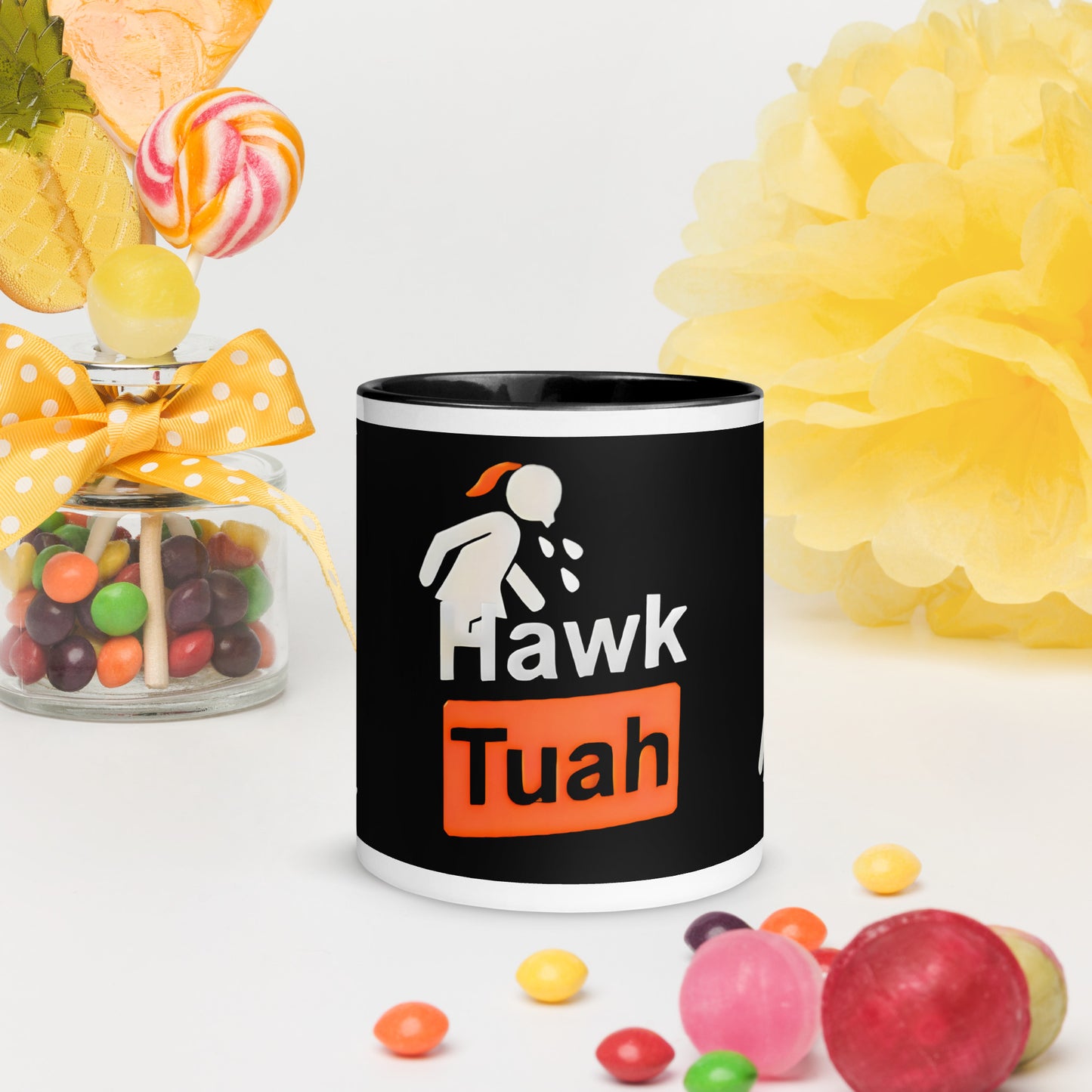 ☕♨️OFFICIAL Hawk Tuah Black and White Coffee Mug with Color Inside: Sip in Style! 🖤🎨