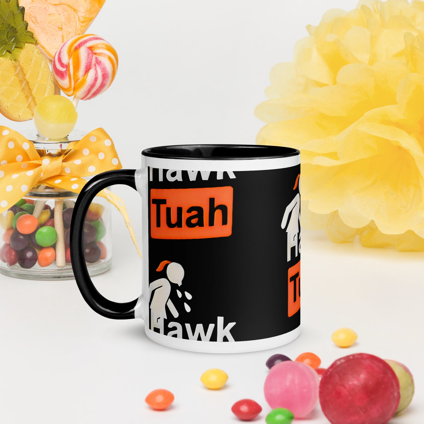 ☕♨️OFFICIAL Hawk Tuah Black and White Coffee Mug with Color Inside: Sip in Style! 🖤🎨