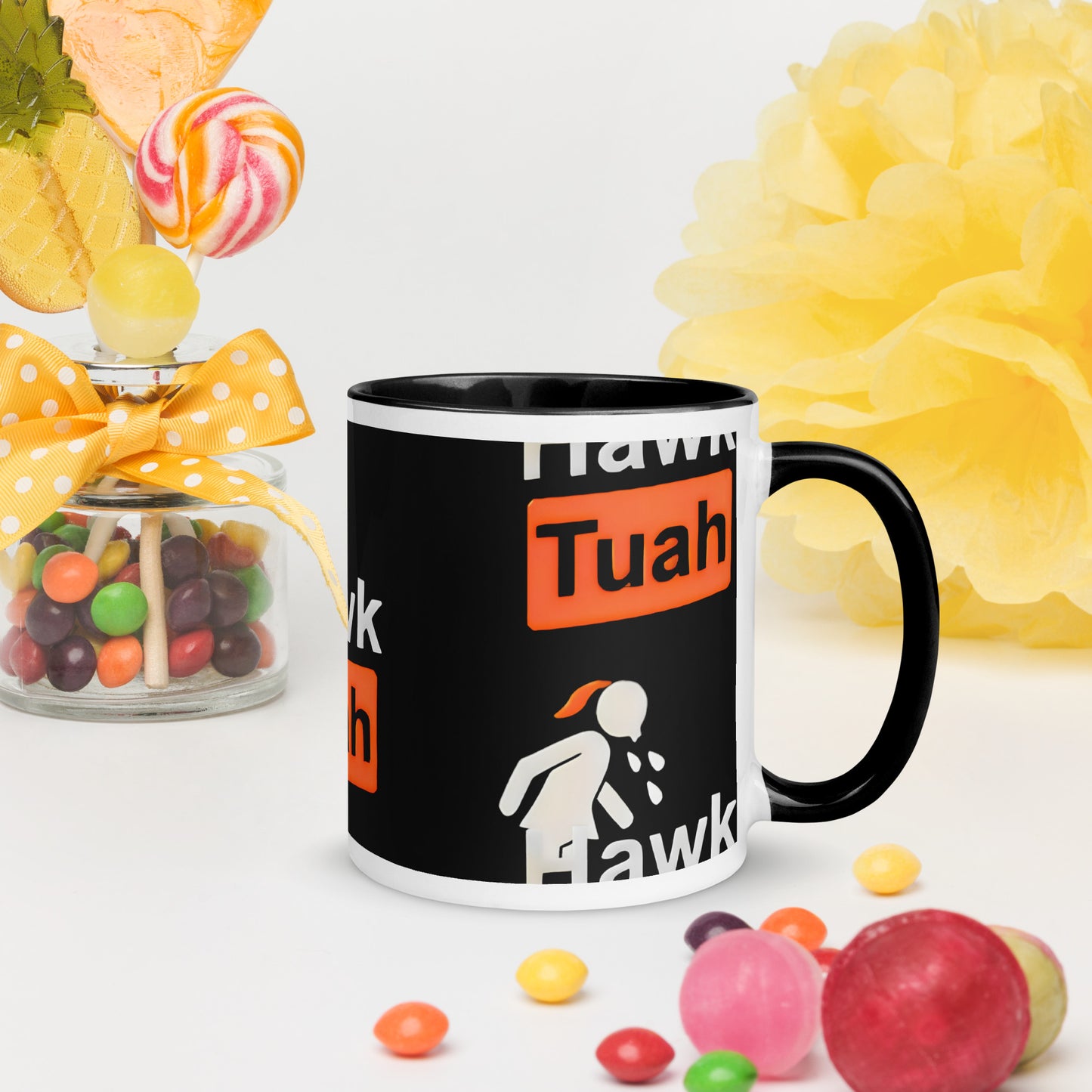 ☕♨️OFFICIAL Hawk Tuah Black and White Coffee Mug with Color Inside: Sip in Style! 🖤🎨