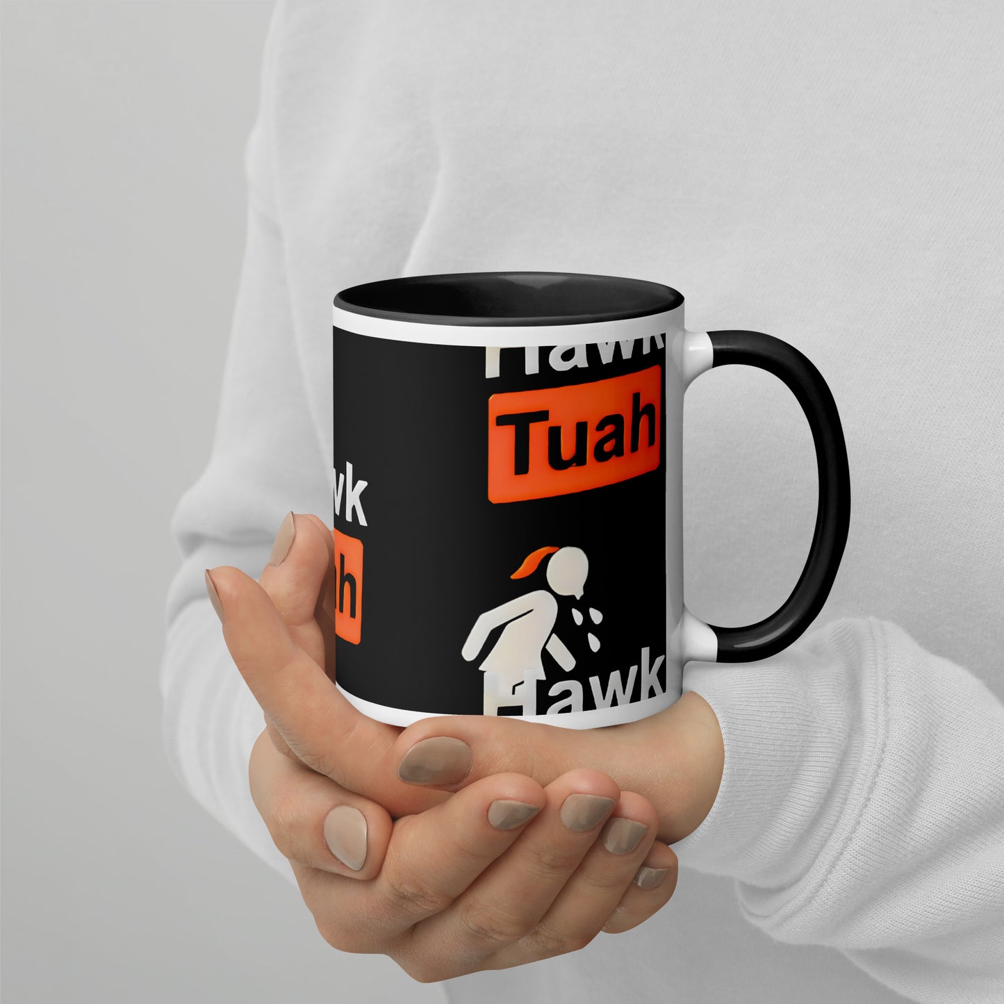 ☕♨️OFFICIAL Hawk Tuah Black and White Coffee Mug with Color Inside: Sip in Style! 🖤🎨